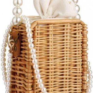 Women's Straw Crossbody Bag with Pearl Chain Small Summer Beach Purse